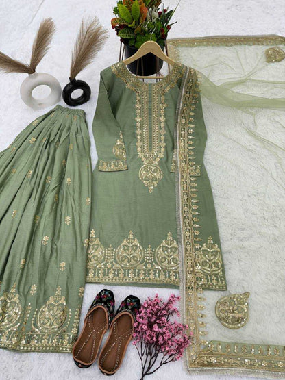 Chinon Silk Kesh128 375 Suits & Dresses  Ladies Embroidery Palazzo Ladies Silk Suits