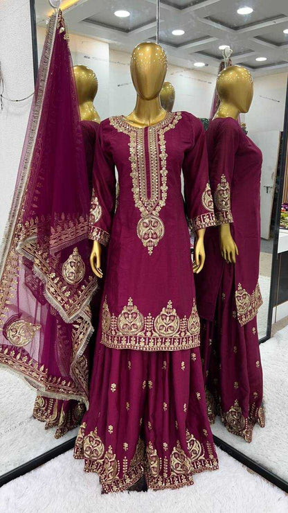 Chinon Silk Kesh128 375 Suits & Dresses  Ladies Embroidery Palazzo Ladies Silk Suits