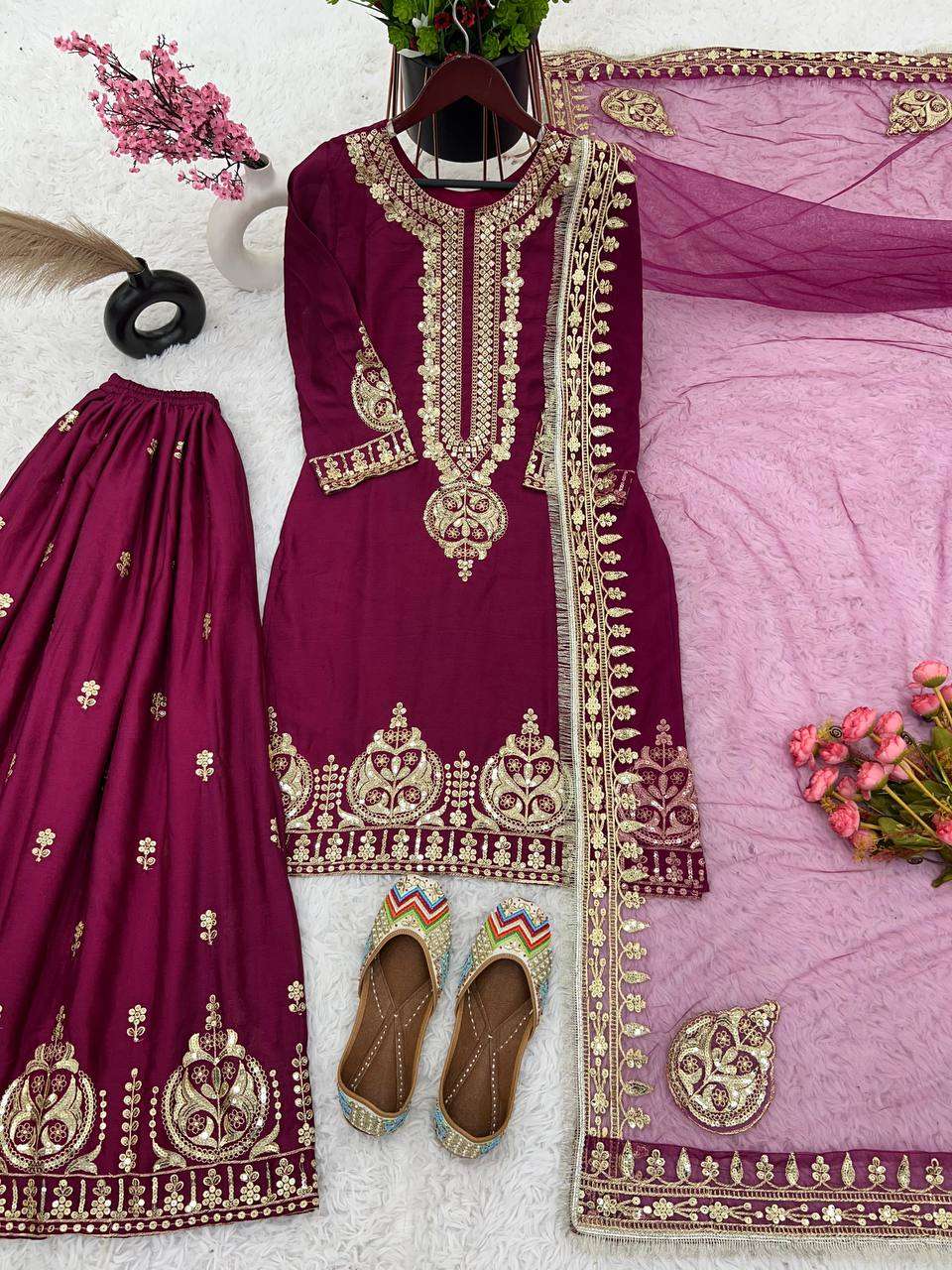 Chinon Silk Kesh128 375 Suits & Dresses  Ladies Embroidery Palazzo Ladies Silk Suits