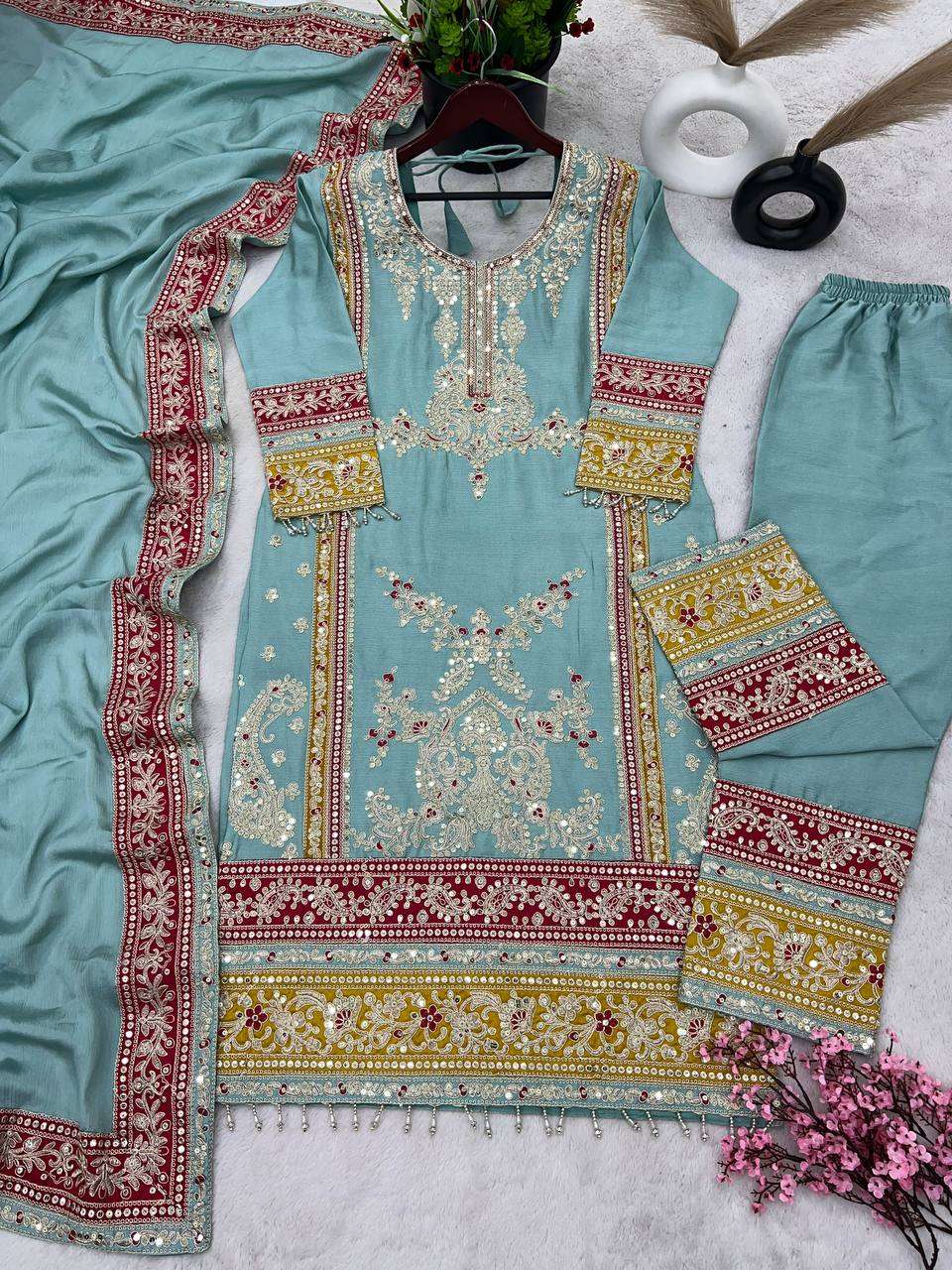 Chinon Silk Kesh128 376 Suits & Dresses Islamic Clothing  Pakistani Embroidery Ladies Silk Zari Work Suits