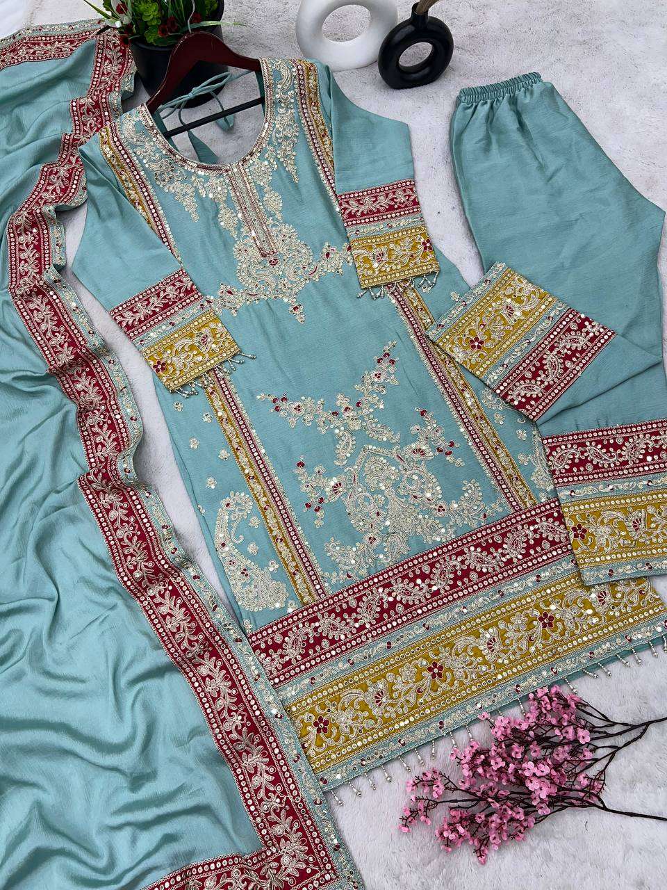 Chinon Silk Kesh128 376 Suits & Dresses Islamic Clothing  Pakistani Embroidery Ladies Silk Zari Work Suits