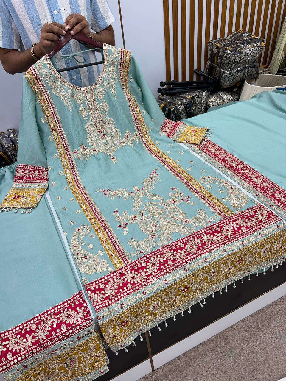 Chinon Silk Kesh128 376 Suits & Dresses Islamic Clothing  Pakistani Embroidery Ladies Silk Zari Work Suits