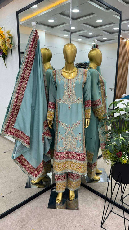 Chinon Silk Kesh128 376 Suits & Dresses Islamic Clothing  Pakistani Embroidery Ladies Silk Zari Work Suits