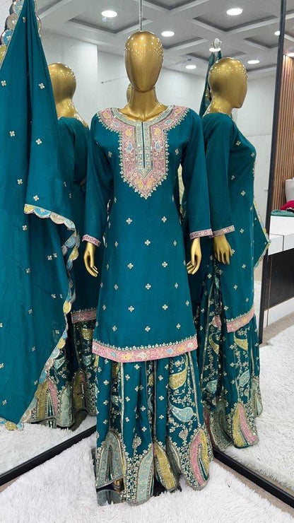 Chinon Silk Kesh128 377 Suits & Dreeses  Sharara Salwar Embroidery Ladies Silk Wedding Suits