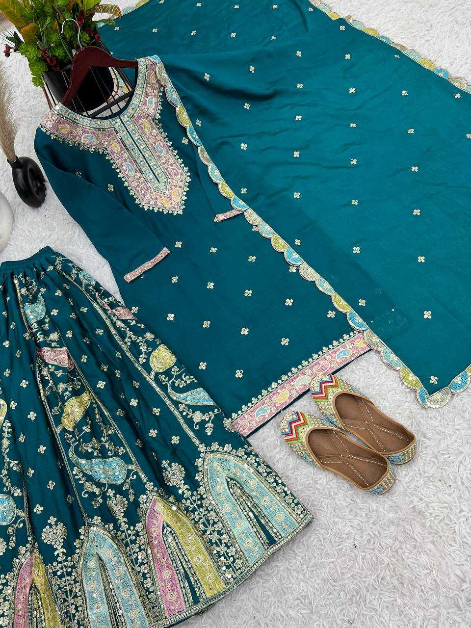 Chinon Silk Kesh128 377 Suits & Dreeses  Sharara Salwar Embroidery Ladies Silk Wedding Suits