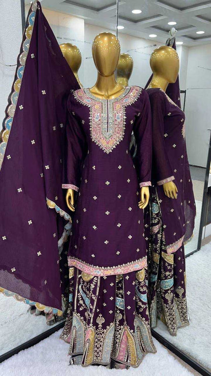 Chinon Silk Kesh128 377 Suits & Dreeses  Sharara Salwar Embroidery Ladies Silk Wedding Suits