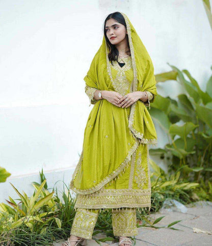 Chinon Silk Kesh141 1041 Suits & Dresses Islamic Clothing  Ladies Pakistani Embroidery Palazzo Ladies Silk Suits