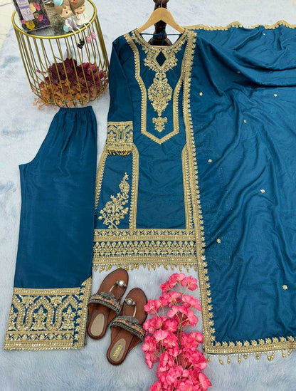 Chinon Silk Kesh141 1041 Suits & Dresses Islamic Clothing  Ladies Pakistani Embroidery Palazzo Ladies Silk Suits