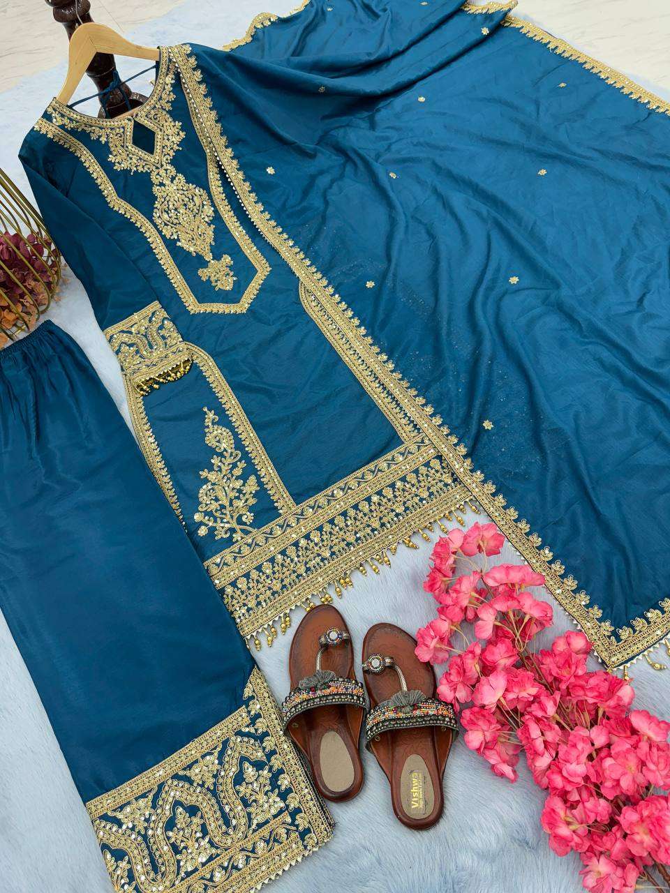 Chinon Silk Kesh141 1041 Suits & Dresses Islamic Clothing  Ladies Pakistani Embroidery Palazzo Ladies Silk Suits