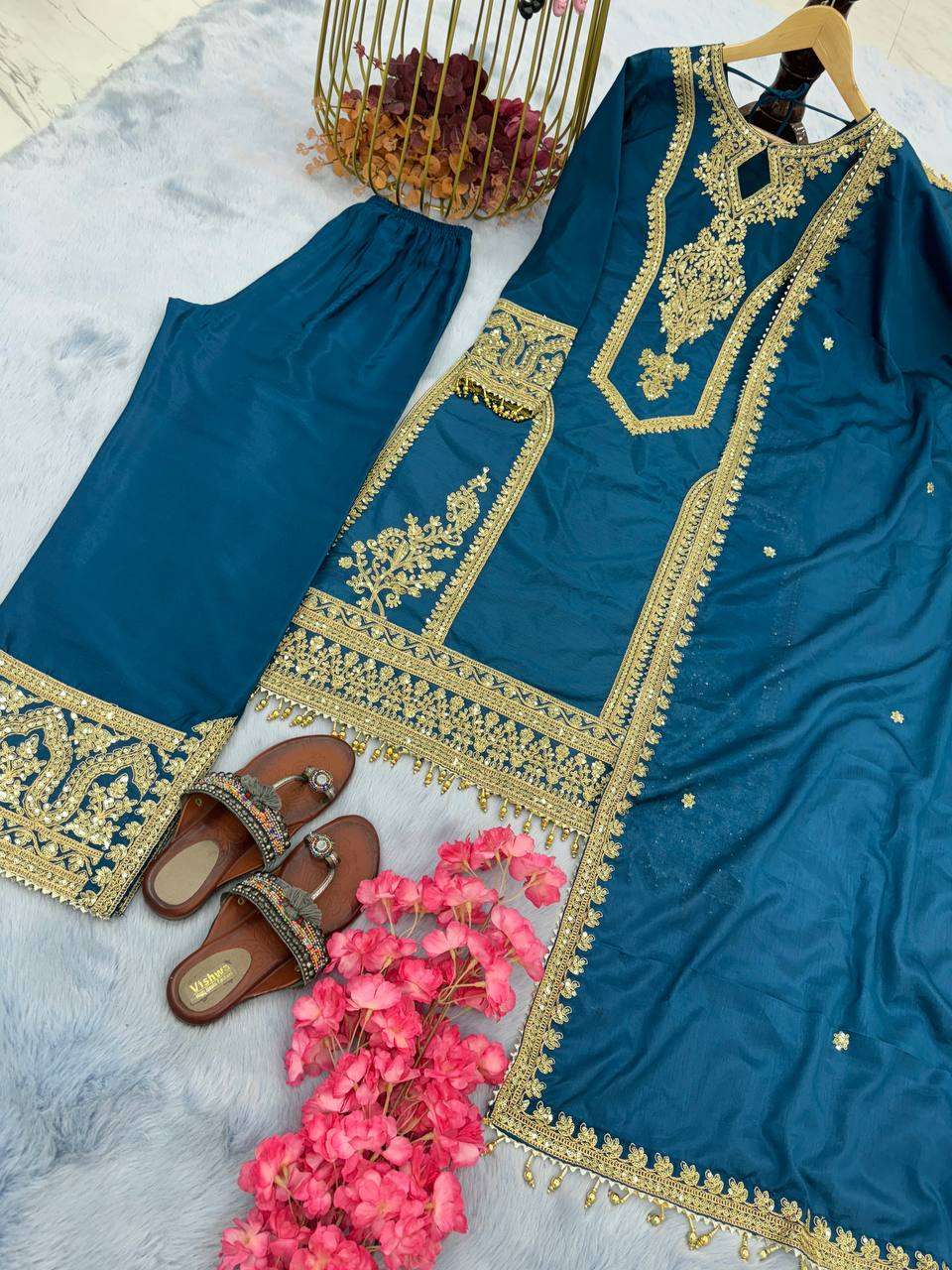 Chinon Silk Kesh141 1041 Suits & Dresses Islamic Clothing  Ladies Pakistani Embroidery Palazzo Ladies Silk Suits