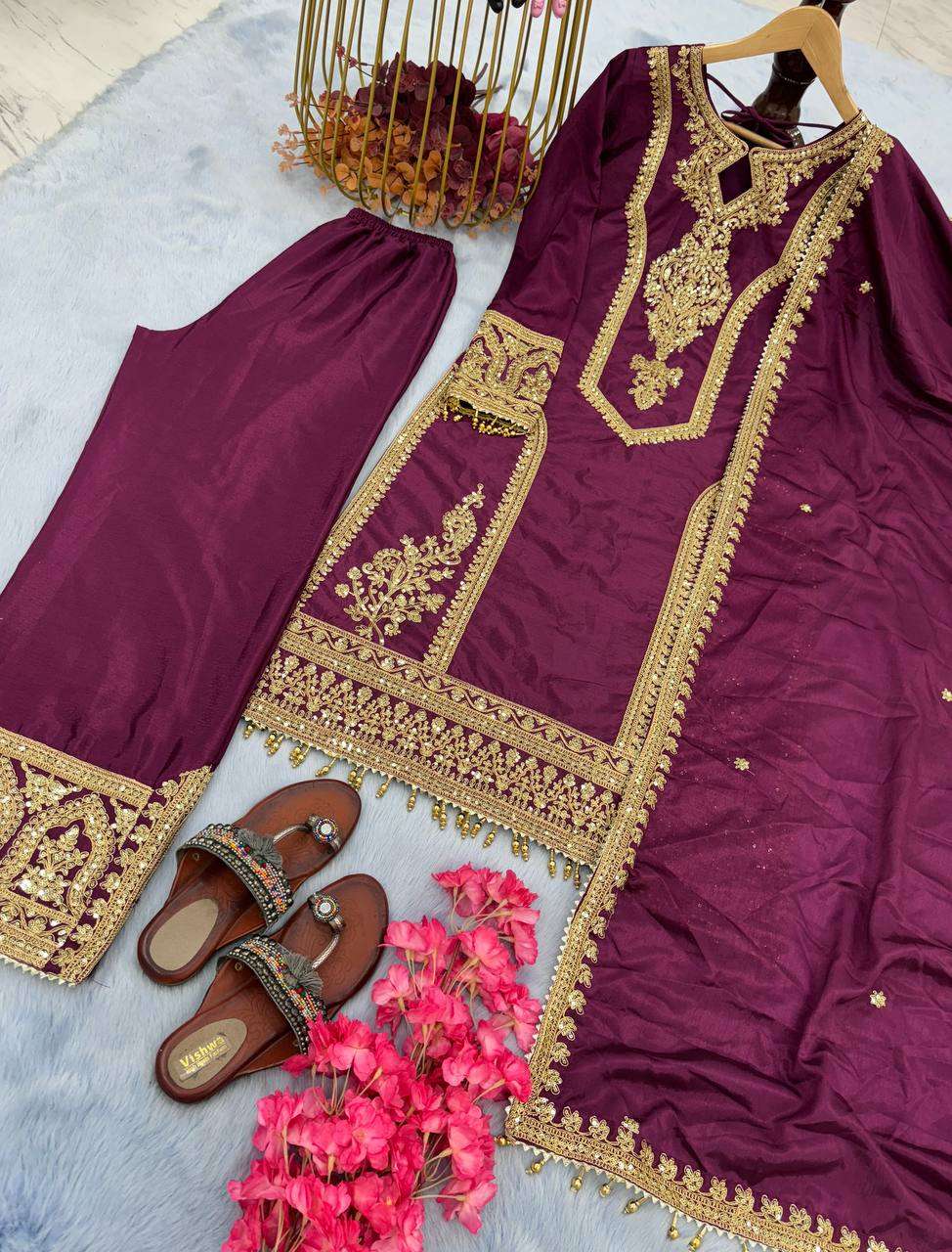 Chinon Silk Kesh141 1041 Suits & Dresses Islamic Clothing  Ladies Pakistani Embroidery Palazzo Ladies Silk Suits