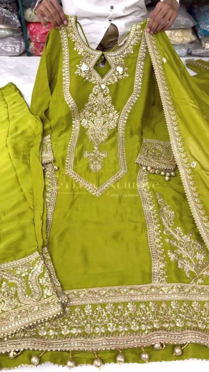 Chinon Silk Kesh141 1041 Suits & Dresses Islamic Clothing  Ladies Pakistani Embroidery Palazzo Ladies Silk Suits