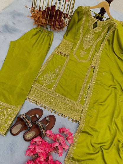 Chinon Silk Kesh141 1041 Suits & Dresses Islamic Clothing  Ladies Pakistani Embroidery Palazzo Ladies Silk Suits