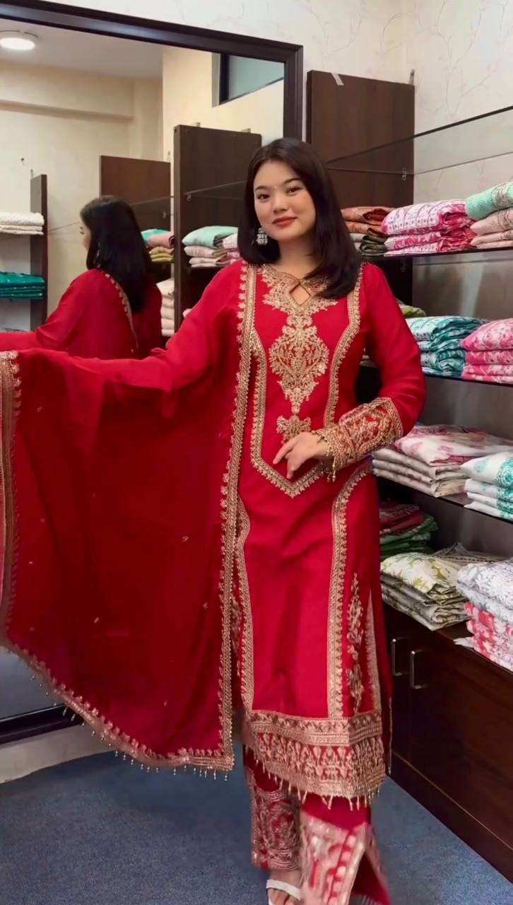 Chinon Silk Kesh141 1041 Suits & Dresses Islamic Clothing  Ladies Pakistani Embroidery Palazzo Ladies Silk Suits