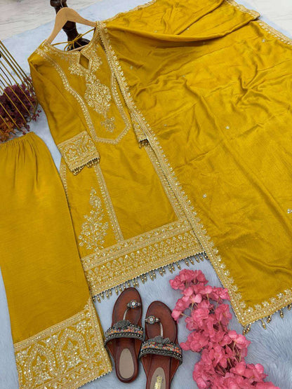 Chinon Silk Kesh141 1041 Suits & Dresses Islamic Clothing  Ladies Pakistani Embroidery Palazzo Ladies Silk Suits