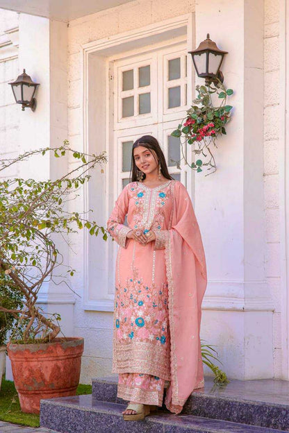 Chinon Silk Kesh141 140 Suits & Dresses Islamic Clothing  Pakistani Embroidery Palazzo Ladies Silk Suits