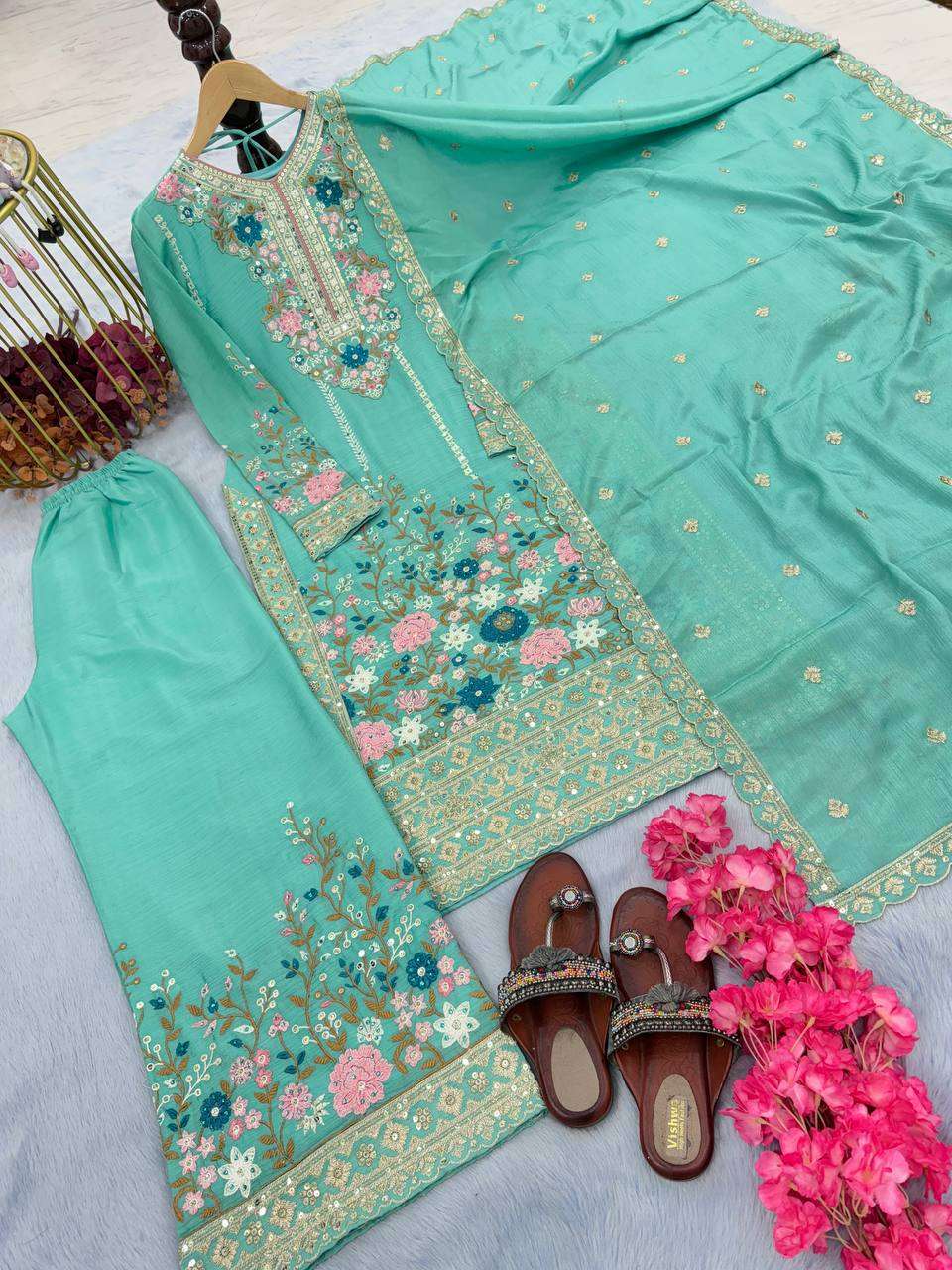 Chinon Silk Kesh141 140 Suits & Dresses Islamic Clothing  Pakistani Embroidery Palazzo Ladies Silk Suits