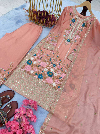 Chinon Silk Kesh141 140 Suits & Dresses Islamic Clothing  Pakistani Embroidery Palazzo Ladies Silk Suits