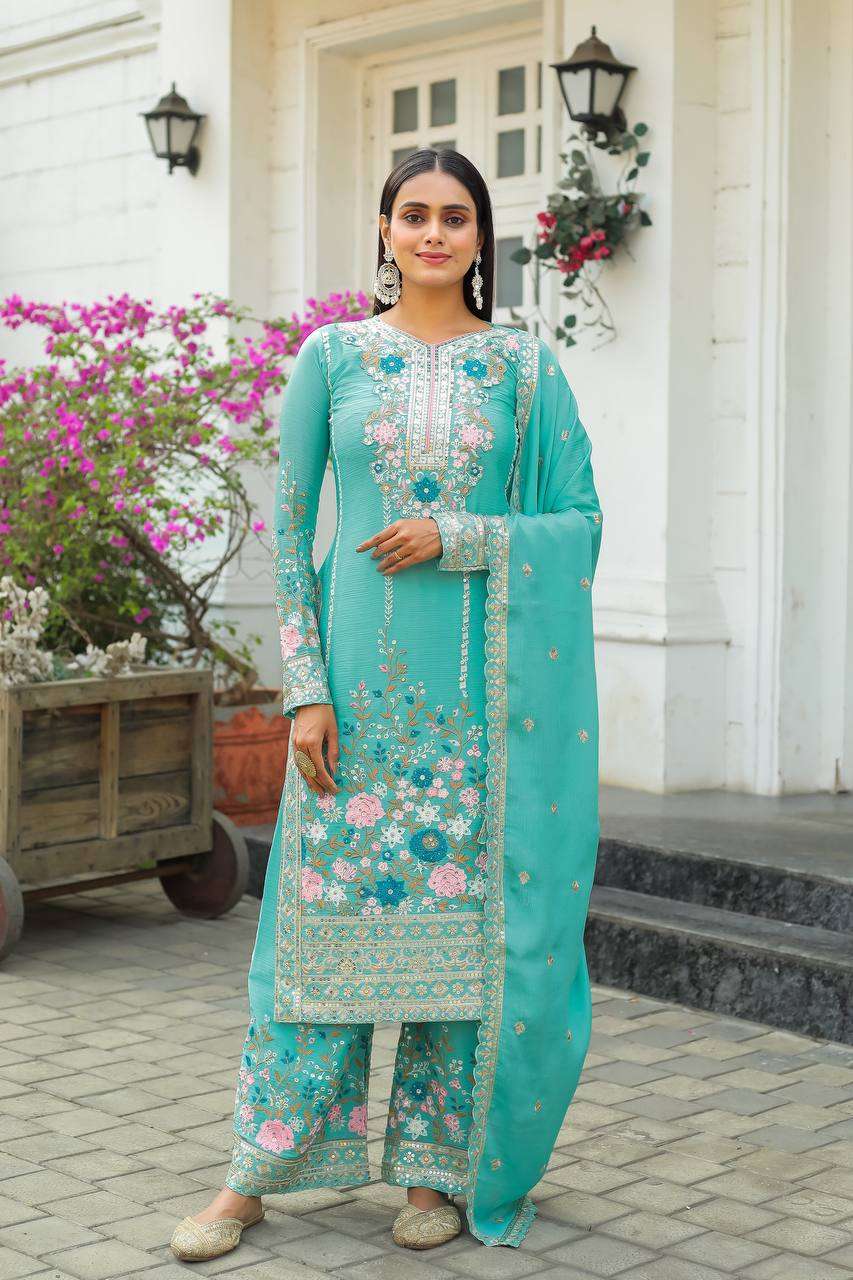 Chinon Silk Kesh141 140 Suits & Dresses Islamic Clothing  Pakistani Embroidery Palazzo Ladies Silk Suits