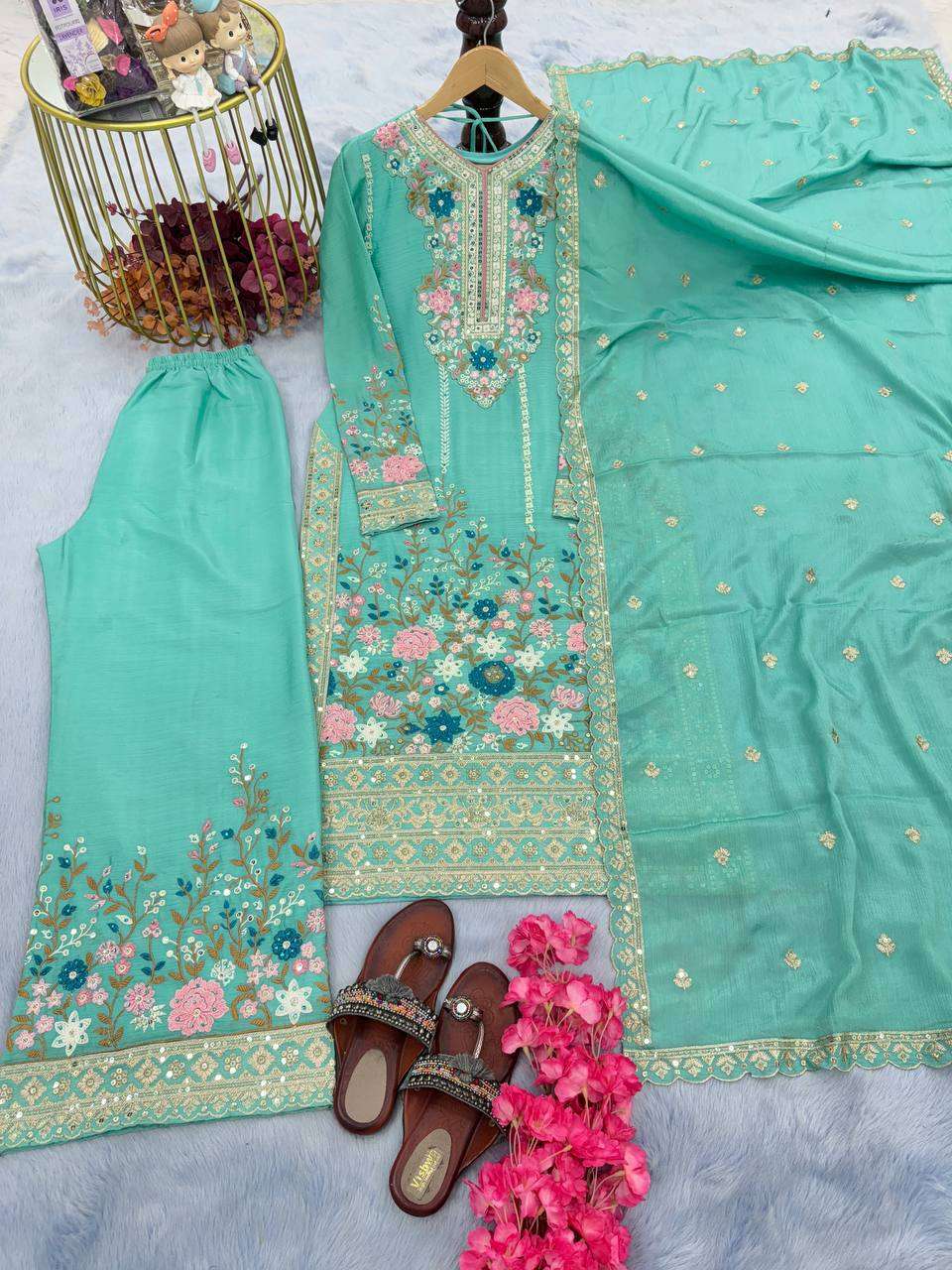 Chinon Silk Kesh141 140 Suits & Dresses Islamic Clothing  Pakistani Embroidery Palazzo Ladies Silk Suits