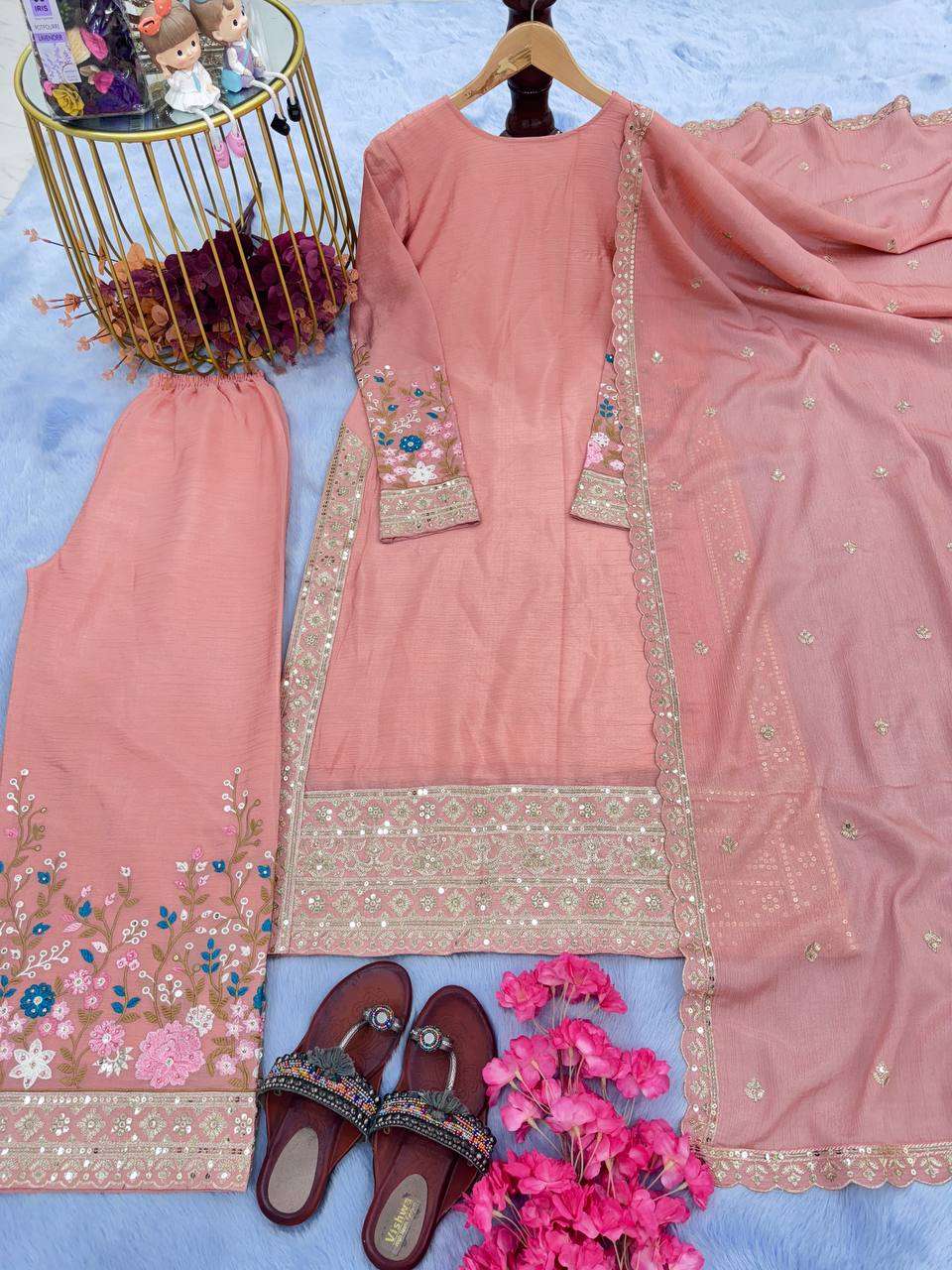 Chinon Silk Kesh141 140 Suits & Dresses Islamic Clothing  Pakistani Embroidery Palazzo Ladies Silk Suits