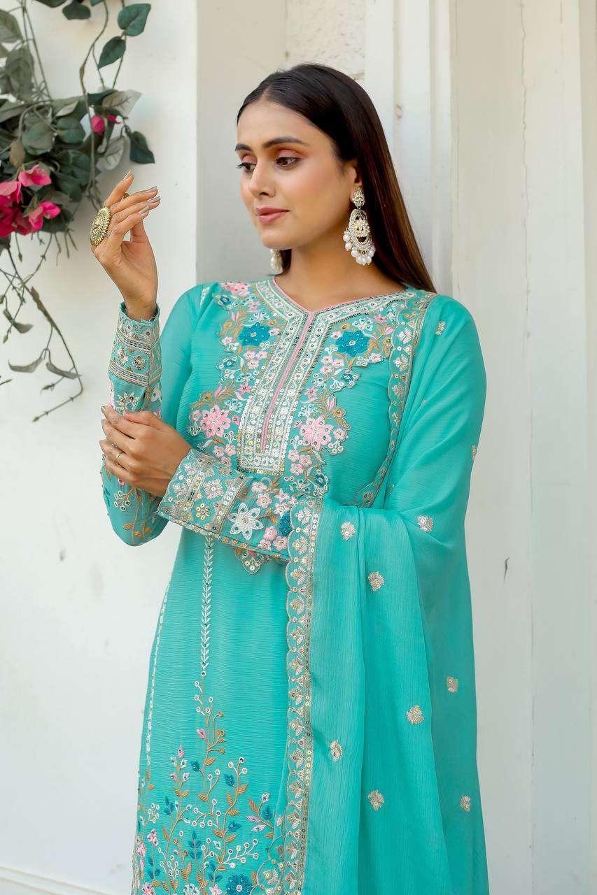 Chinon Silk Kesh141 140 Suits & Dresses Islamic Clothing  Pakistani Embroidery Palazzo Ladies Silk Suits