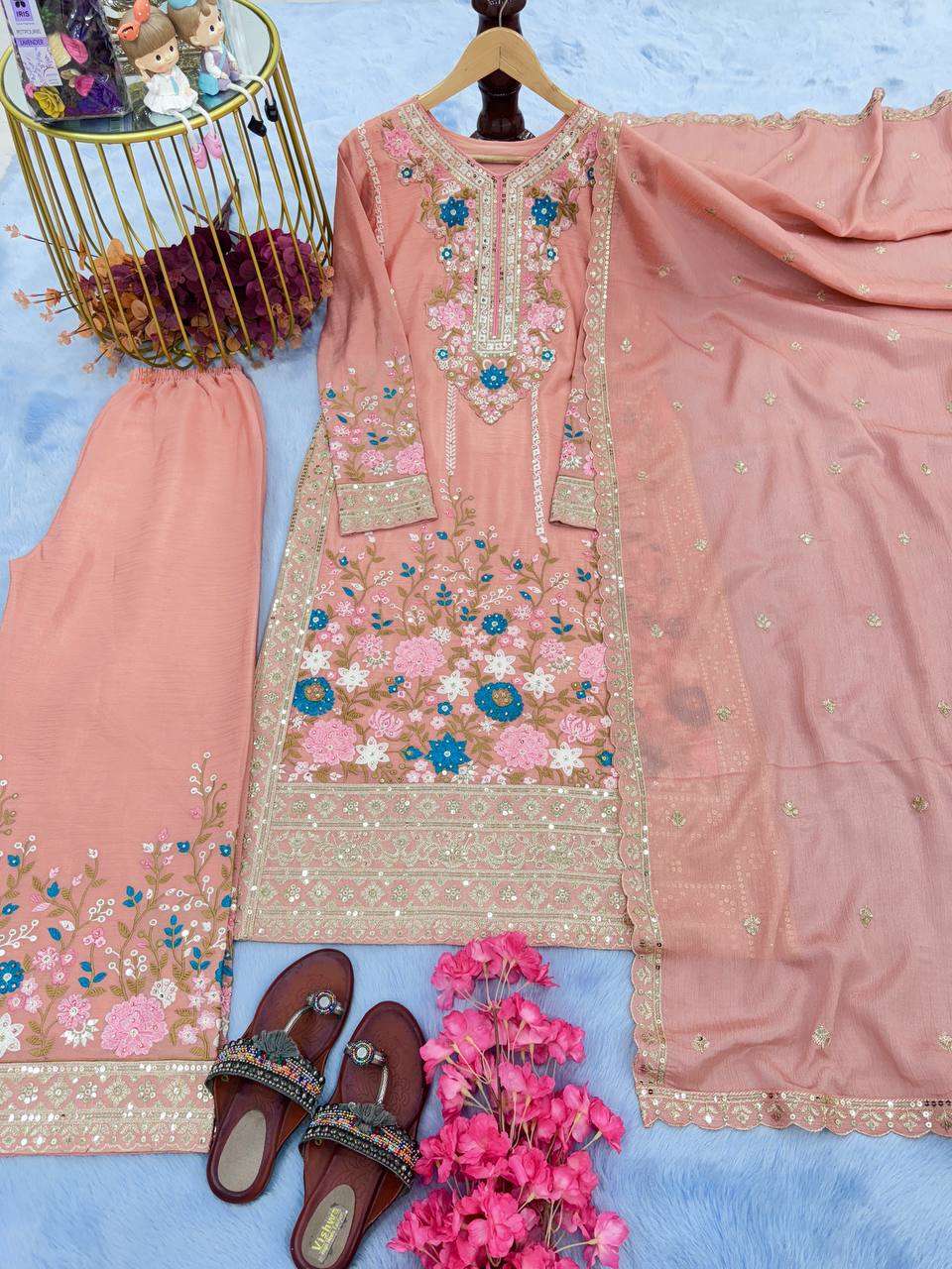 Chinon Silk Kesh141 140 Suits & Dresses Islamic Clothing  Pakistani Embroidery Palazzo Ladies Silk Suits