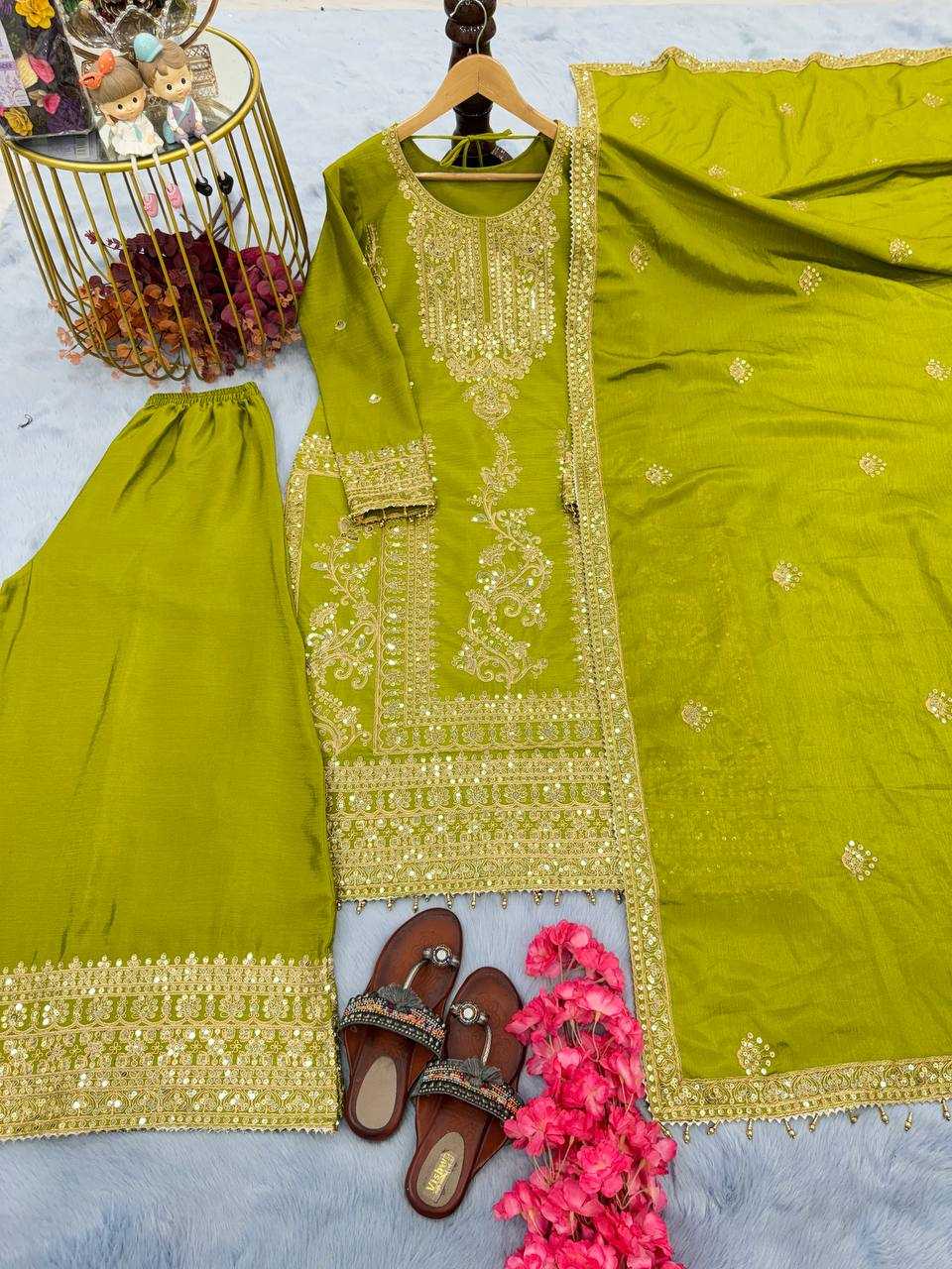 Chinon Silk Kesh141 151 Suits & Dresses Islamic Clothing  Pakistani Embroidery Palazzo Ladies Silk Suits