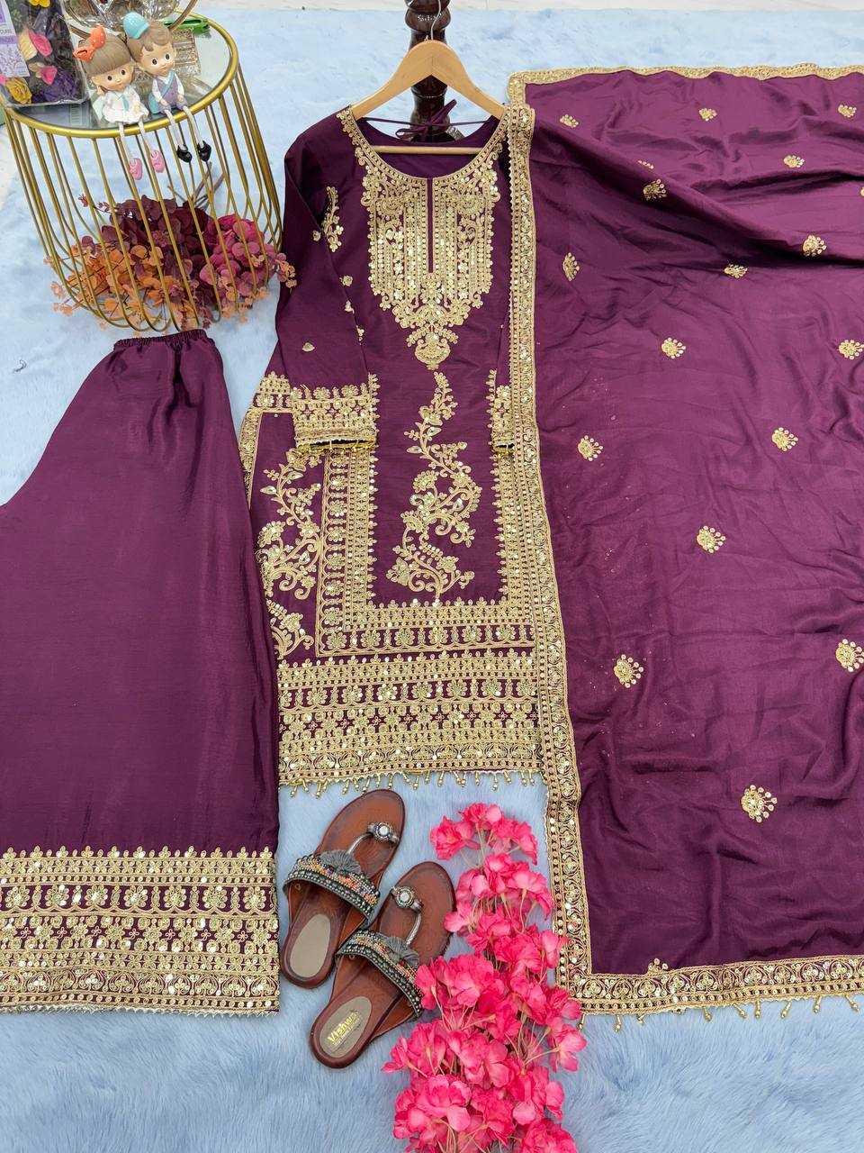 Chinon Silk Kesh141 151 Suits & Dresses Islamic Clothing  Pakistani Embroidery Palazzo Ladies Silk Suits