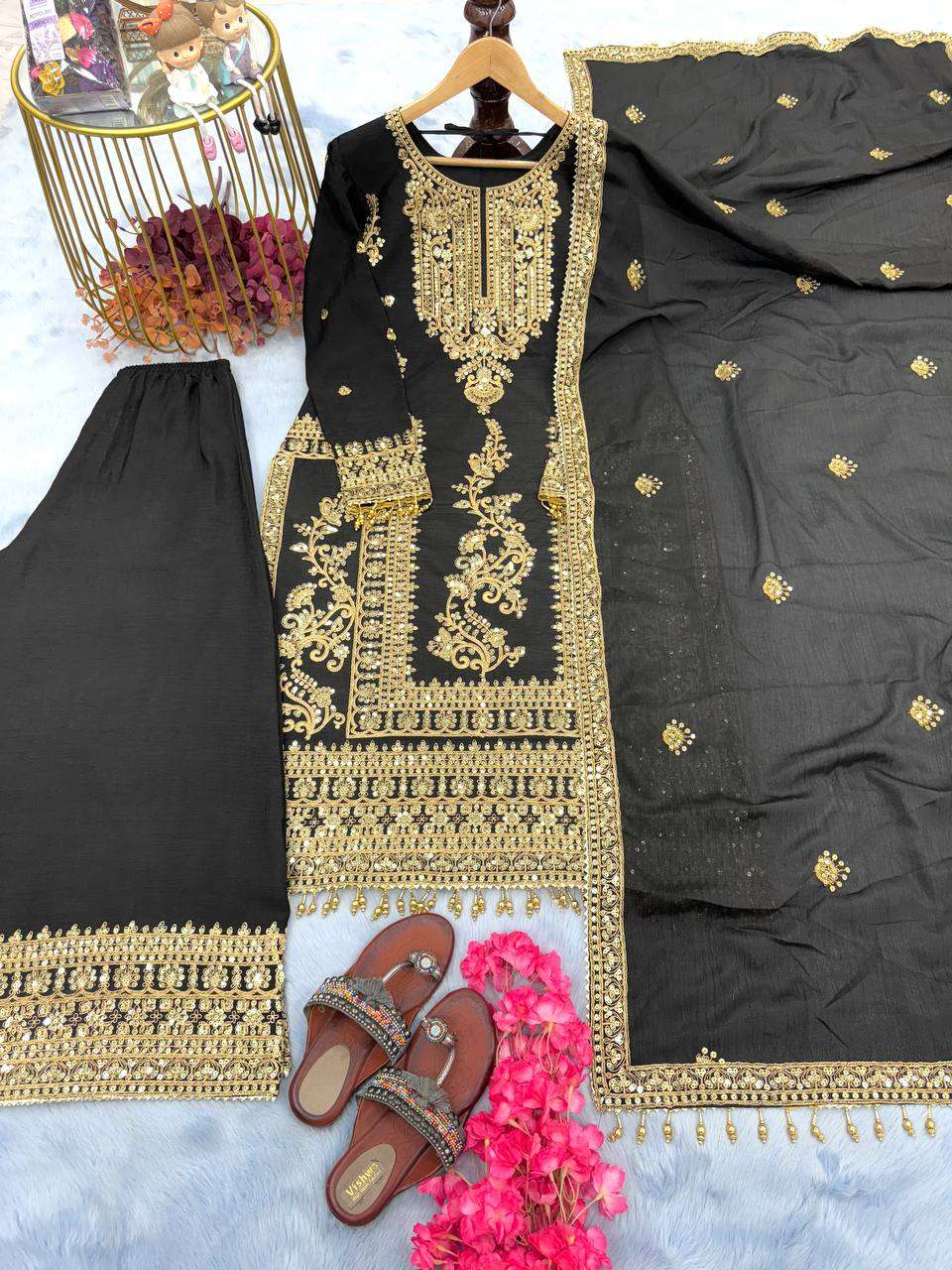 Chinon Silk Kesh141 151 Suits & Dresses Islamic Clothing  Pakistani Embroidery Palazzo Ladies Silk Suits