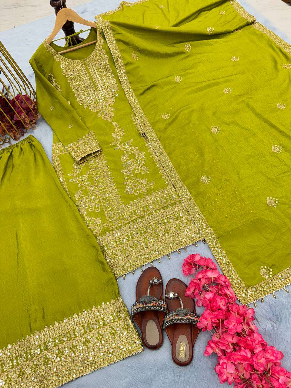 Chinon Silk Kesh141 151 Suits & Dresses Islamic Clothing  Pakistani Embroidery Palazzo Ladies Silk Suits