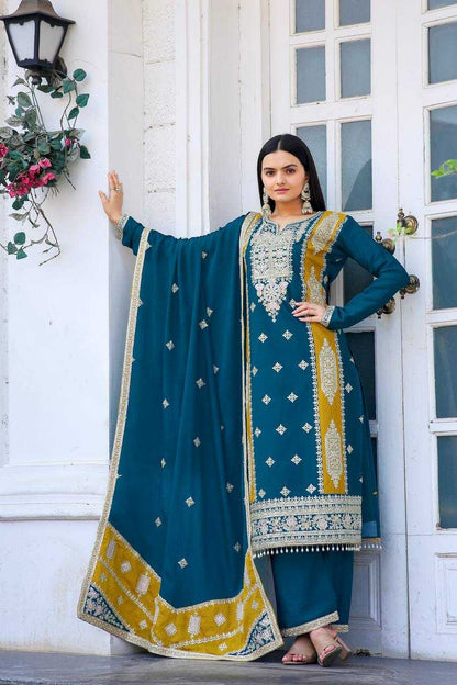 Chinon Silk Kesh141 153 Suits & Dresses  Embroidery Palazzo Ladies Silk Ladies Party Wear Wedding Suits