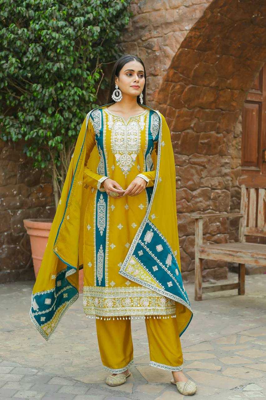 Chinon Silk Kesh141 153 Suits & Dresses  Embroidery Palazzo Ladies Silk Ladies Party Wear Wedding Suits