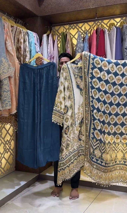 Chinon Silk Kesh141 166 Suits & Dresses Islamic Clothing  Pakistani Printed Palazzo Ladies Silk Suits