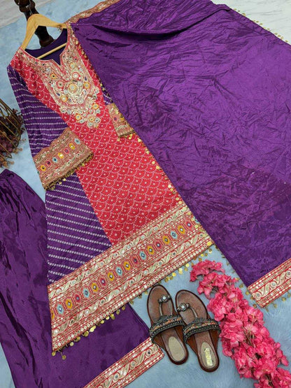 Chinon Silk Kesh141 179 Suits & Dresses Islamic Clothing  Pakistani Printed Embroidery Palazzo Ladies Silk Suits