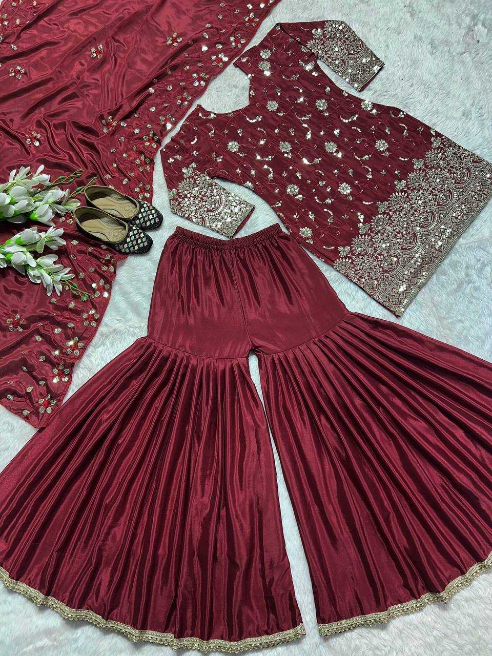 Chinon Silk Kesh144 5006 Suits & Dresses  Sharar Salwar Embroidery Ladies Silk Maroon Salwarsuits