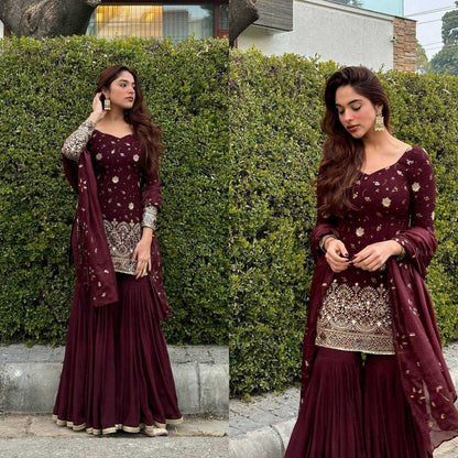 Chinon Silk Kesh144 5006 Suits & Dresses  Sharar Salwar Embroidery Ladies Silk Maroon Salwarsuits