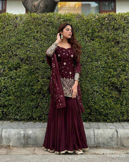 Chinon Silk Kesh144 5006 Suits & Dresses  Sharar Salwar Embroidery Ladies Silk Maroon Salwarsuits