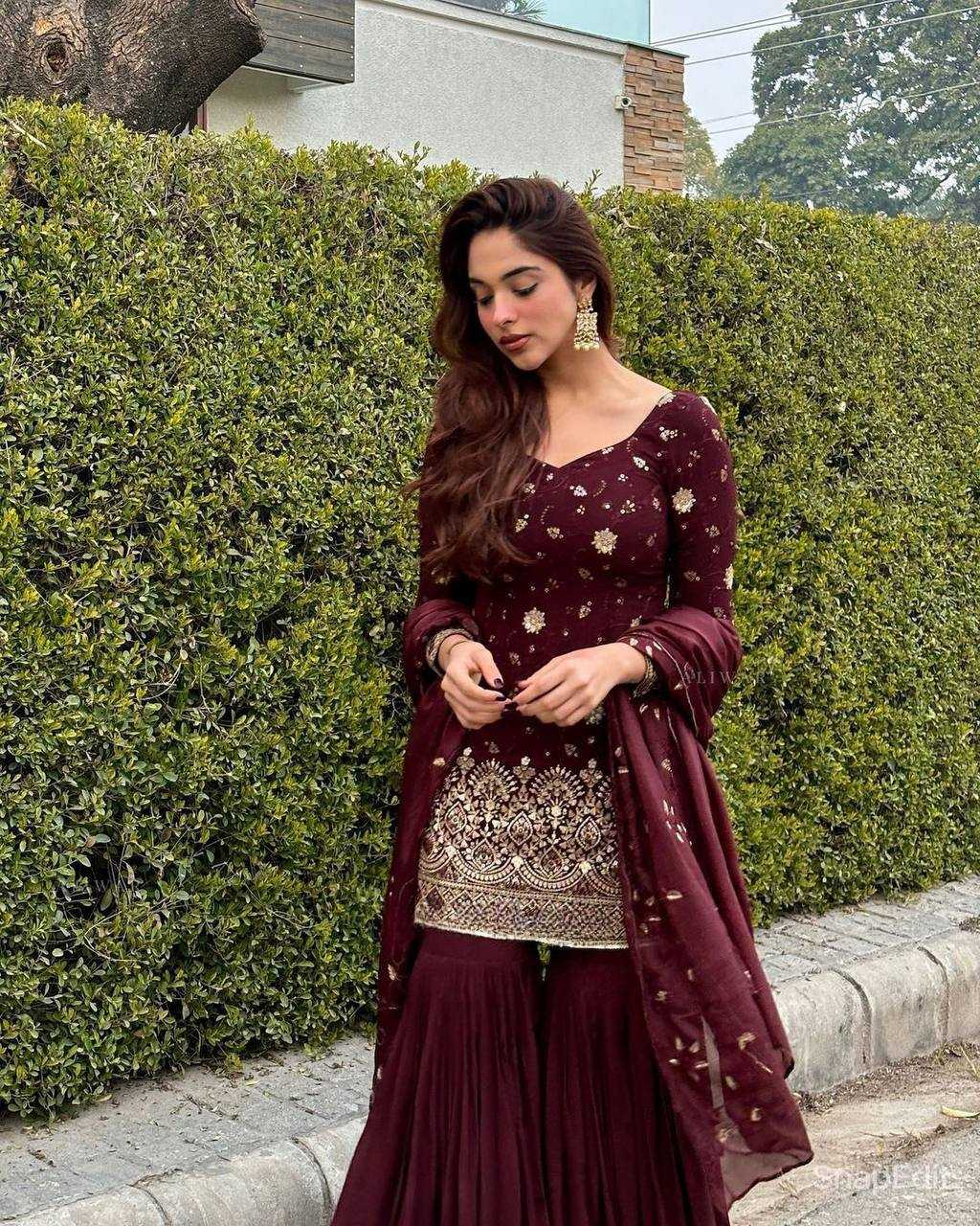 Chinon Silk Kesh144 5006 Suits & Dresses  Sharar Salwar Embroidery Ladies Silk Maroon Salwarsuits