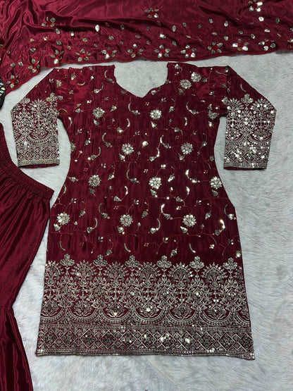 Chinon Silk Kesh144 5006 Suits & Dresses  Sharar Salwar Embroidery Ladies Silk Maroon Salwarsuits