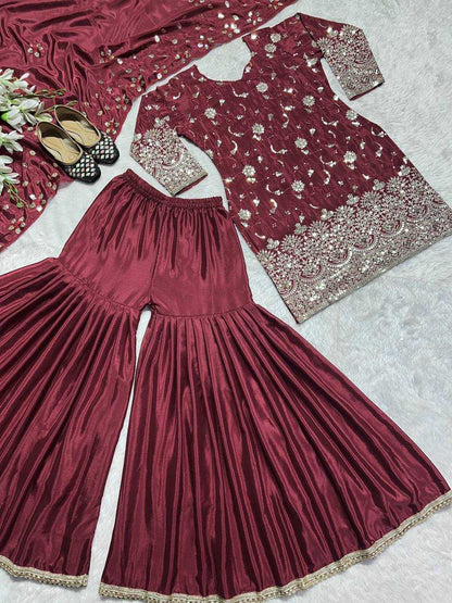 Chinon Silk Kesh144 5006 Suits & Dresses  Sharar Salwar Embroidery Ladies Silk Maroon Salwarsuits