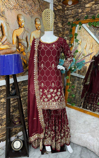 Chinon Silk Kesh147 186 Suits & Dresses  Ladies Sharara Salwar Embroidery Ladies Silk Suit