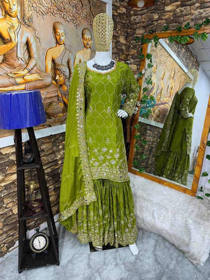 Chinon Silk Kesh147 186 Suits & Dresses  Ladies Sharara Salwar Embroidery Ladies Silk Suit