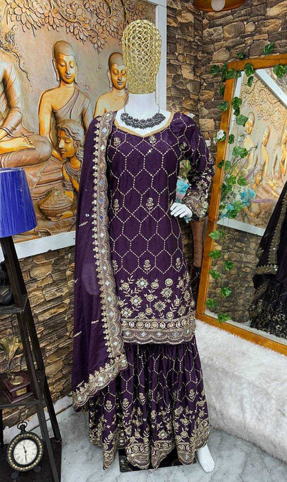 Chinon Silk Kesh147 186 Suits & Dresses  Ladies Sharara Salwar Embroidery Ladies Silk Suit