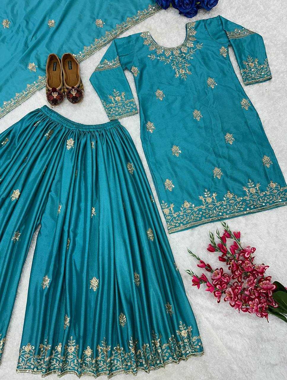 Chinon Silk Kesh147 190 Suits & Dresses  Ladies Sharara Salwar Embroidery Ladies Silk Suits