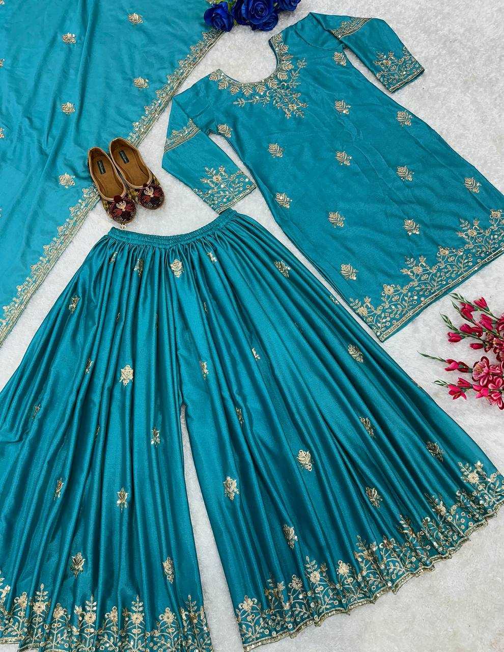 Chinon Silk Kesh147 190 Suits & Dresses  Ladies Sharara Salwar Embroidery Ladies Silk Suits