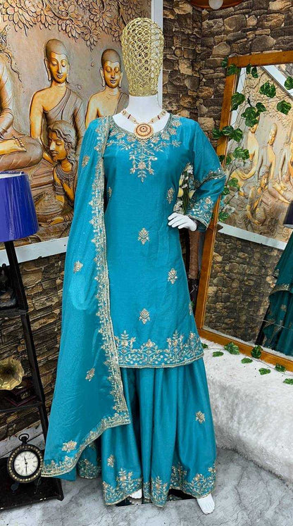 Chinon Silk Kesh147 190 Suits & Dresses  Ladies Sharara Salwar Embroidery Ladies Silk Suits