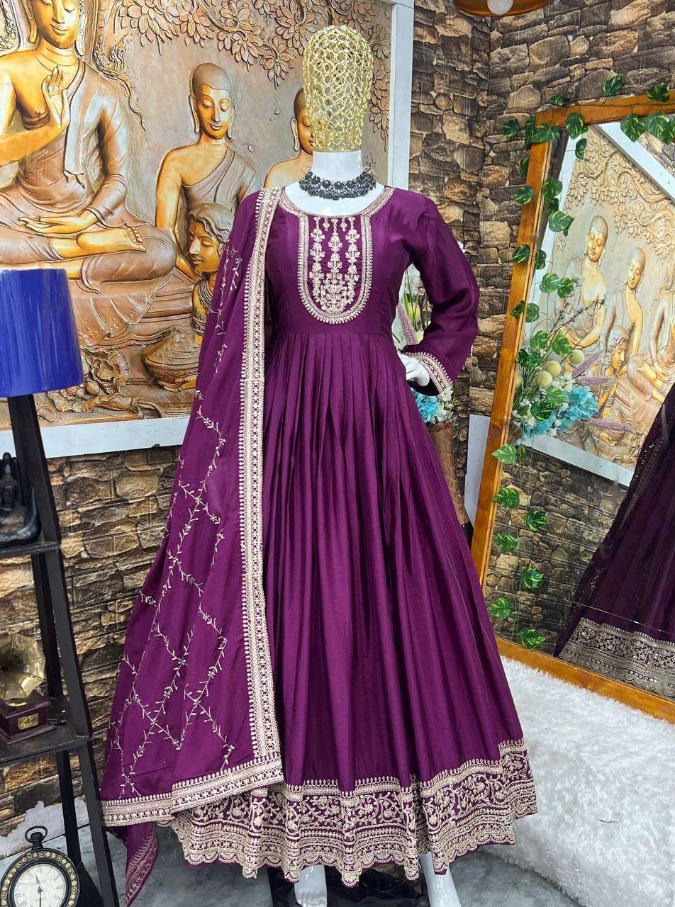 Chinon Silk Kesh147 196 Gowns  Embroidery Fancy Anarkali Long Gowns