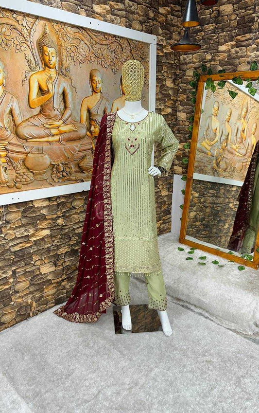 Chinon Silk Kesh148 045 Suits & Dresses Islamic Clothing  Embroidery Pakistani Ladies Silk Party Wear Suits