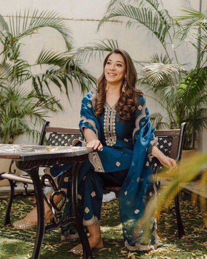 Chinon Silk Kesh149 1259 Suits & Dresses  Embroidery Palazzo Ladies Silk Suits Zari Work Suits